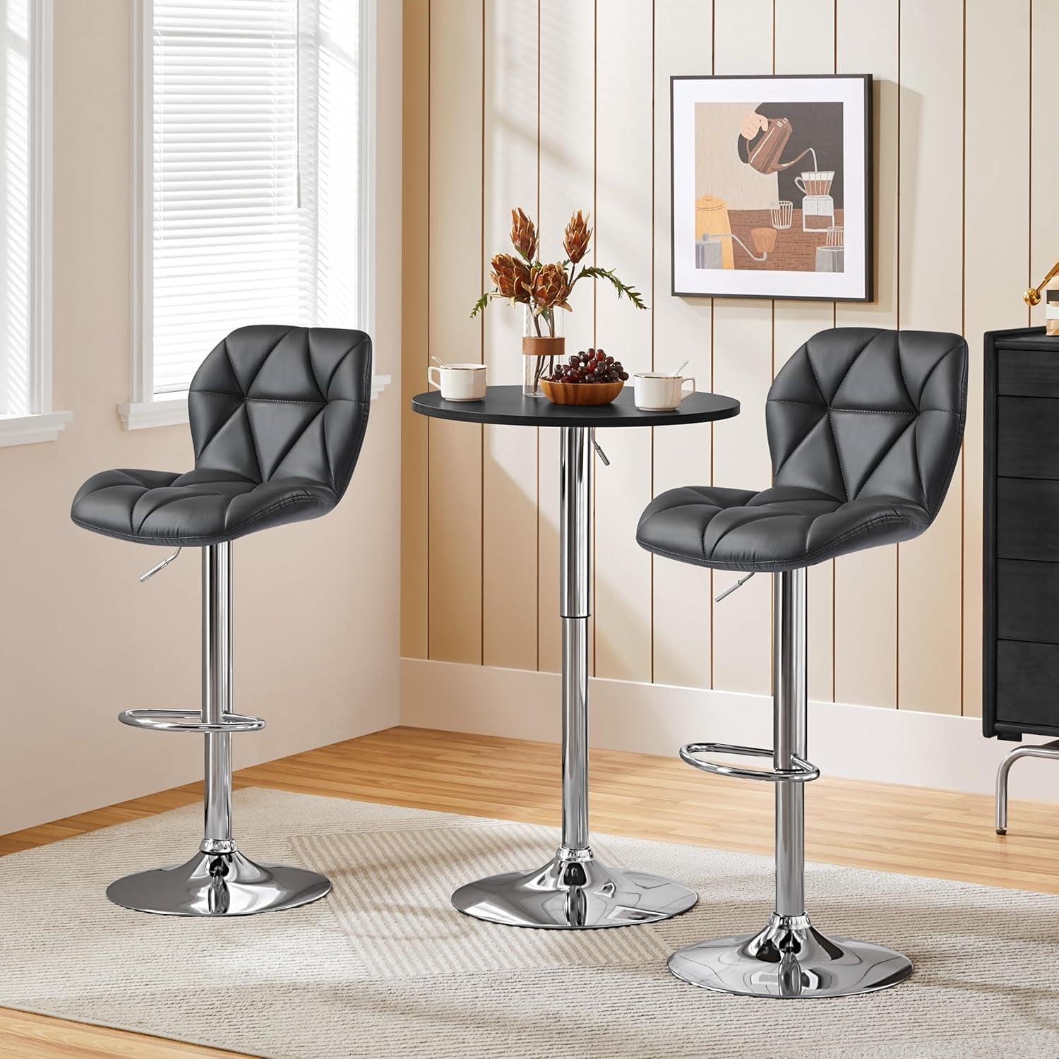 Grey Bar Stools Set of 2, PU Leather Bar Chairs with Backrest, Height