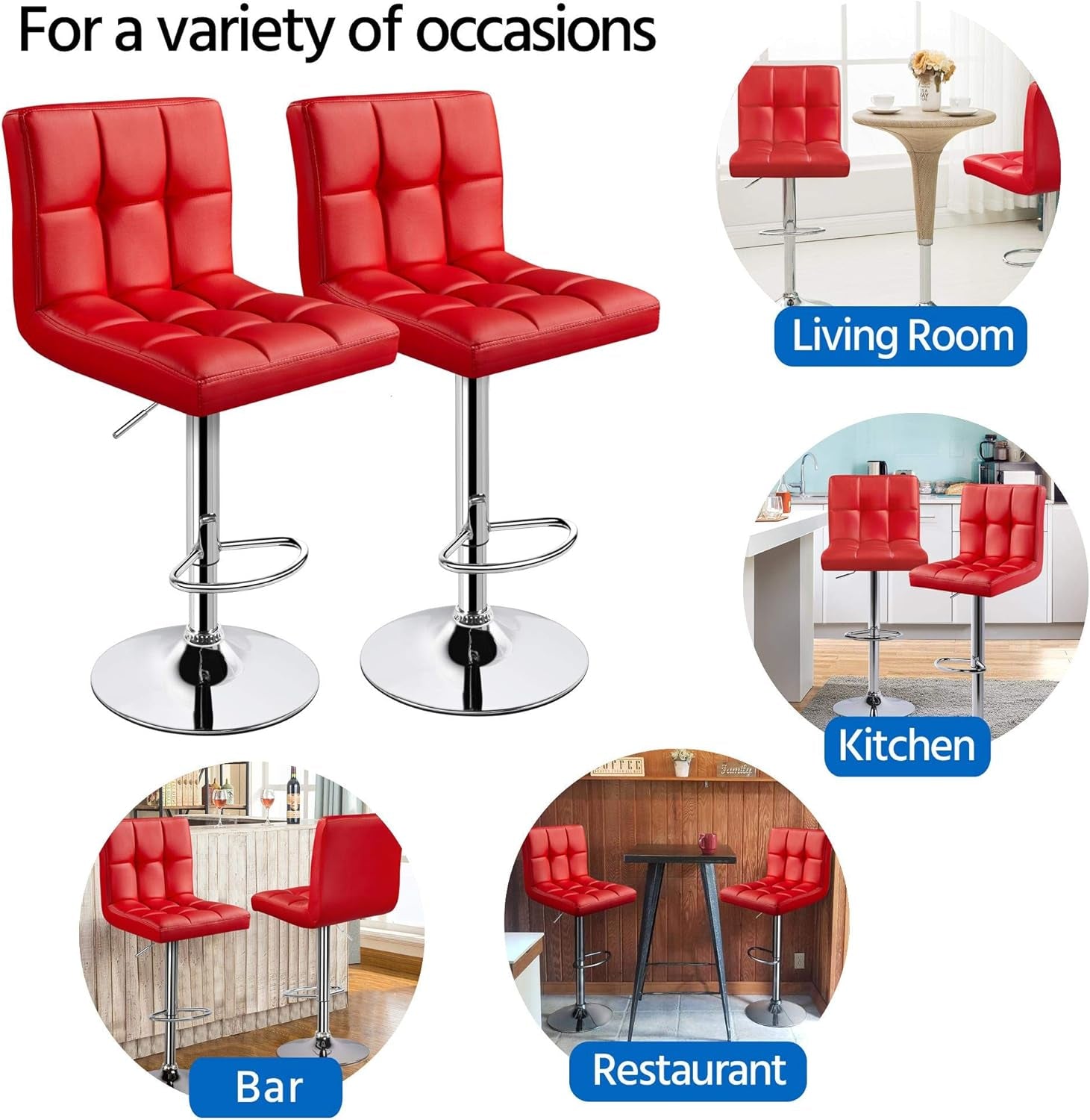 Bar Stools Set of 2, Adjustable PU Leather Swivel Barstools, Modern