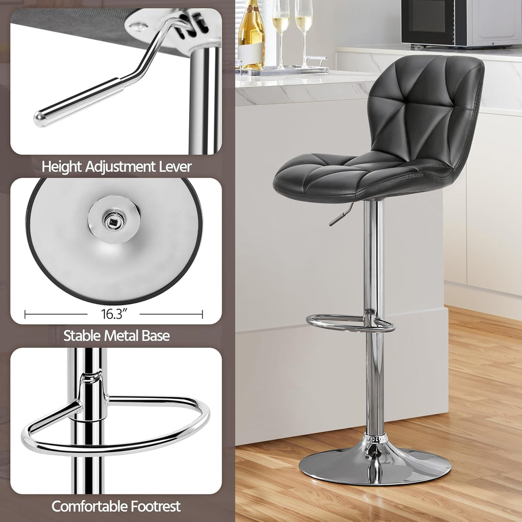 Grey Bar Stools Set of 2, PU Leather Bar Chairs with Backrest, Height