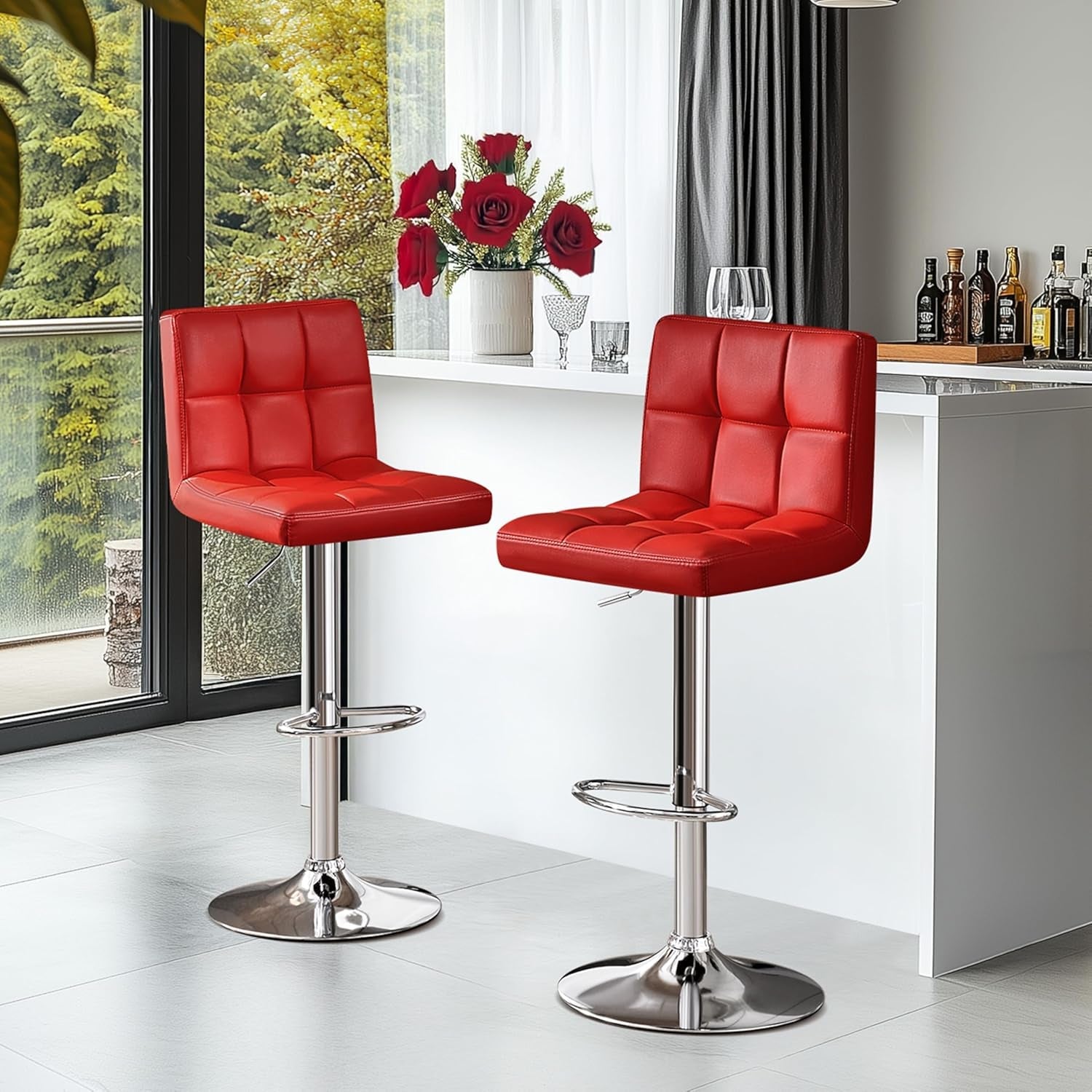 Bar Stools Set of 2, Adjustable PU Leather Swivel Barstools, Modern
