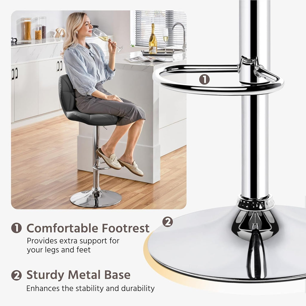 Grey Bar Stools Set of 2, PU Leather Bar Chairs with Backrest, Height
