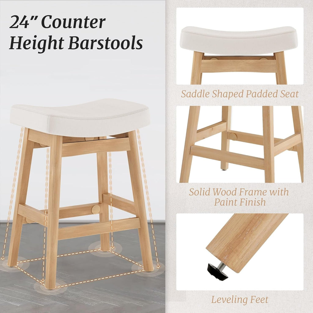 Bar Stools Set of 3, Barstools with Sturdy Wood Legs, Saddle Seat