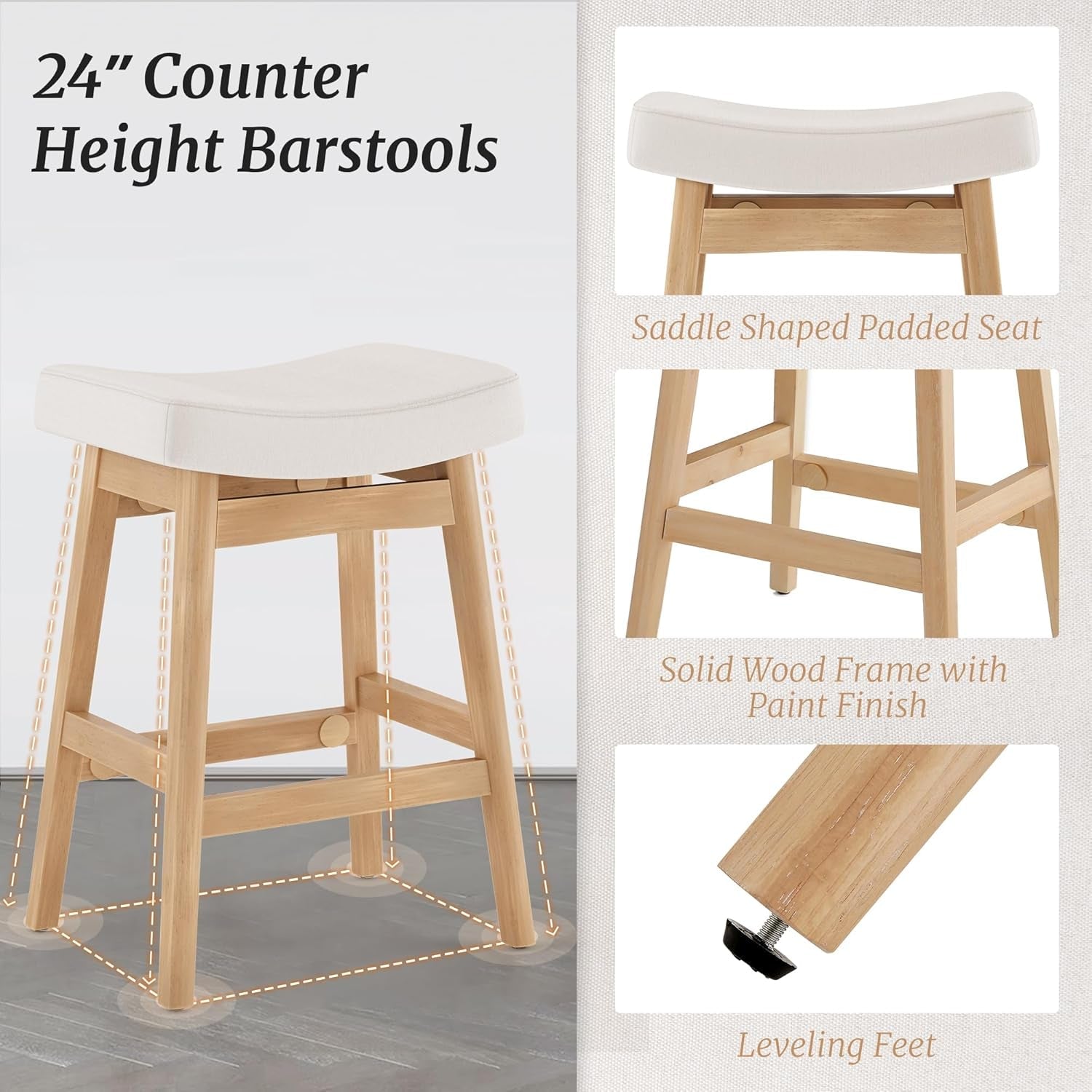 Bar Stools Set of 3, Barstools with Sturdy Wood Legs, Saddle Seat