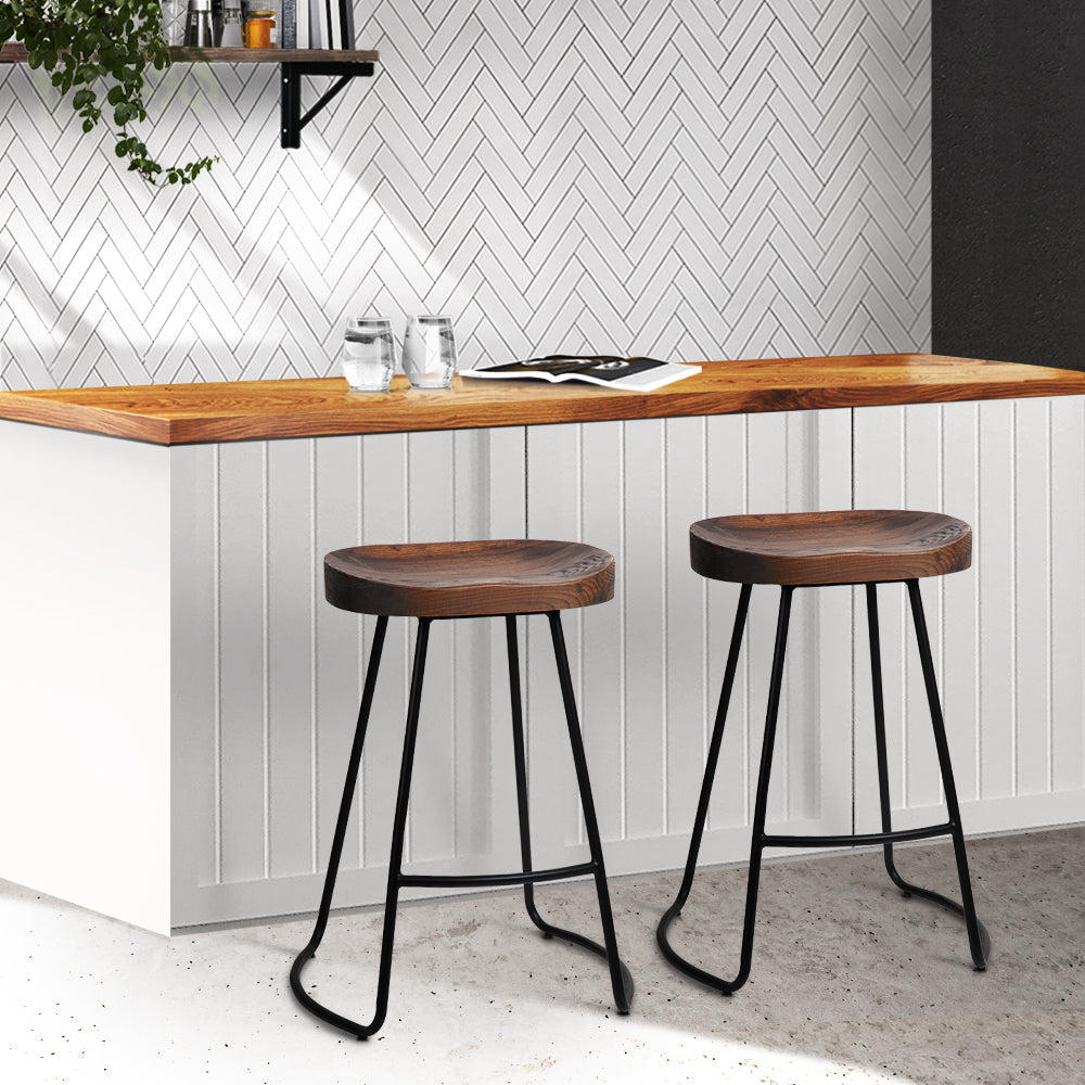 Artiss Set of 2 Elm Wood Backless Bar Stools 65cm - Black and Dark
