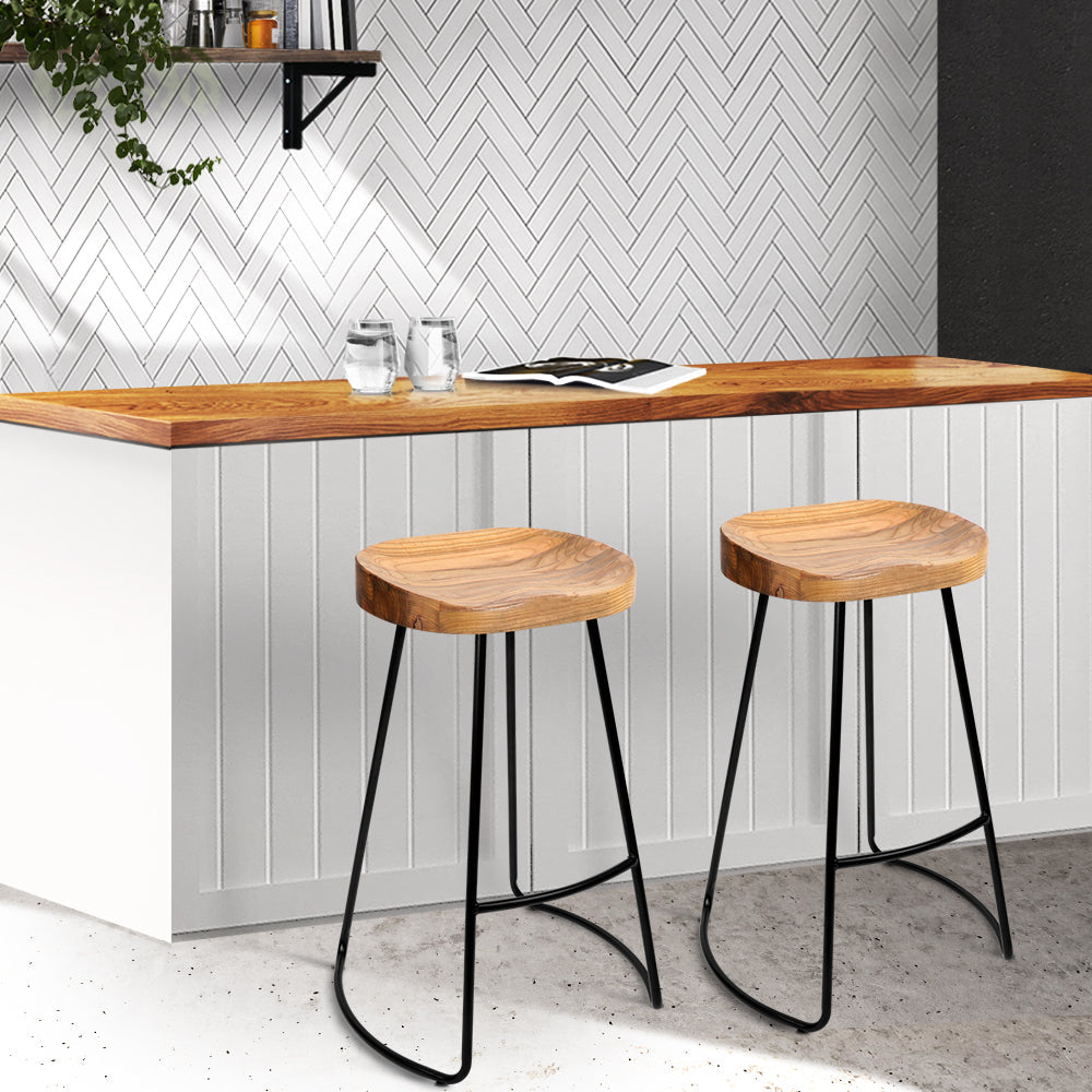 Artiss Set of 2 Elm Wood Backless Bar Stools 65cm - Black and Light