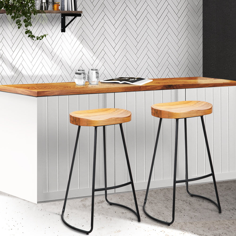 Artiss Set of 2 Elm Wood Backless Bar Stools 75cm - Black and Light