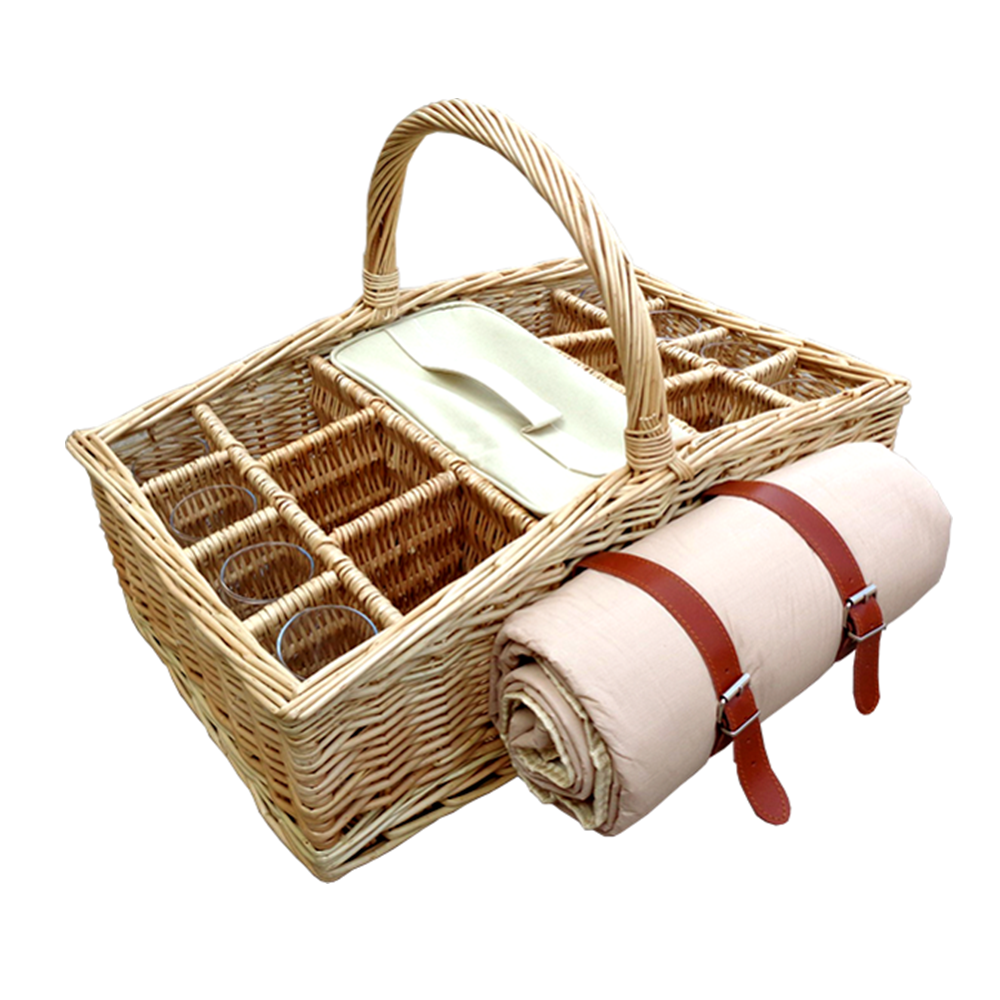 6 Bottle Wicker Drinks Basket with Glasses and Blanket