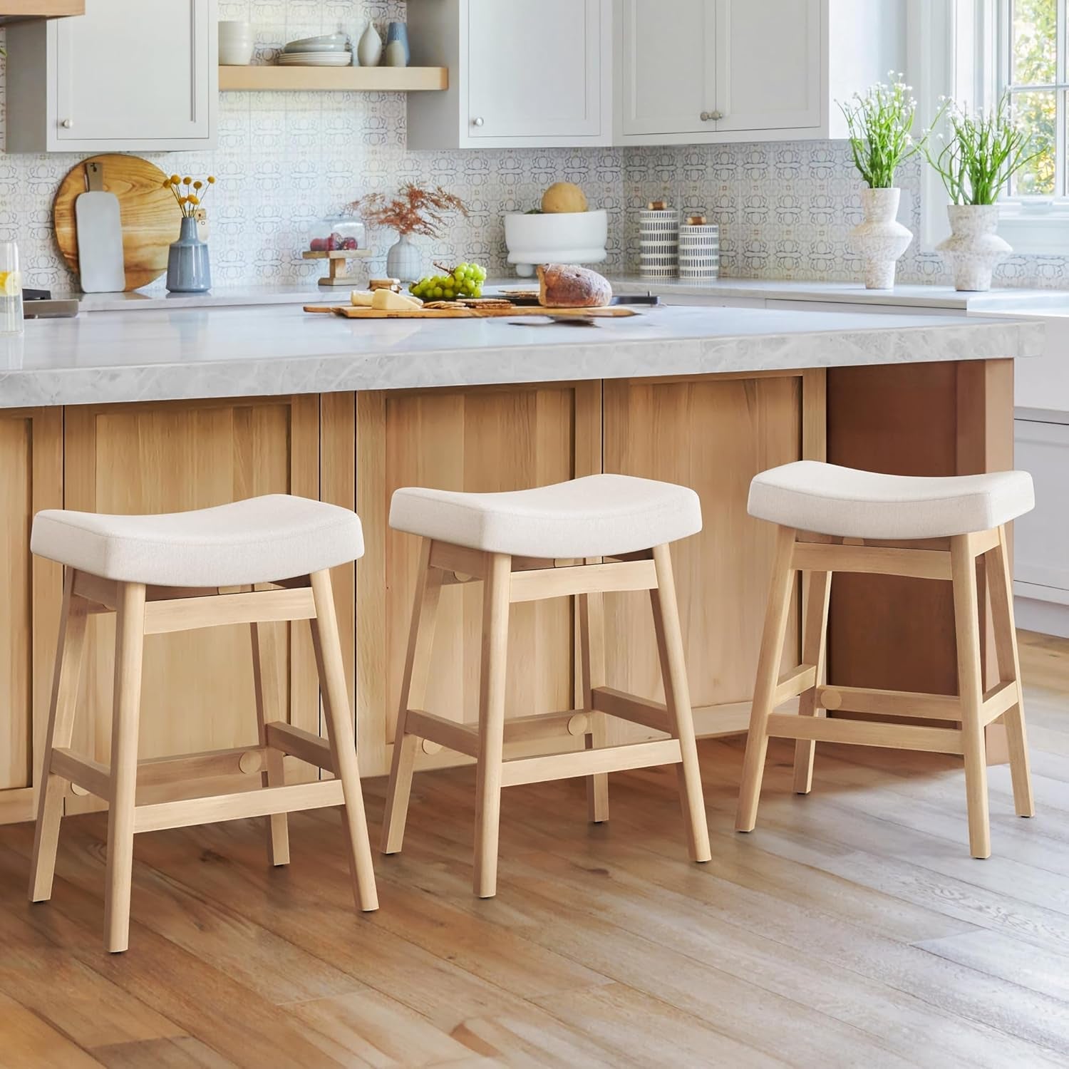 Bar Stools Set of 3, Barstools with Sturdy Wood Legs, Saddle Seat