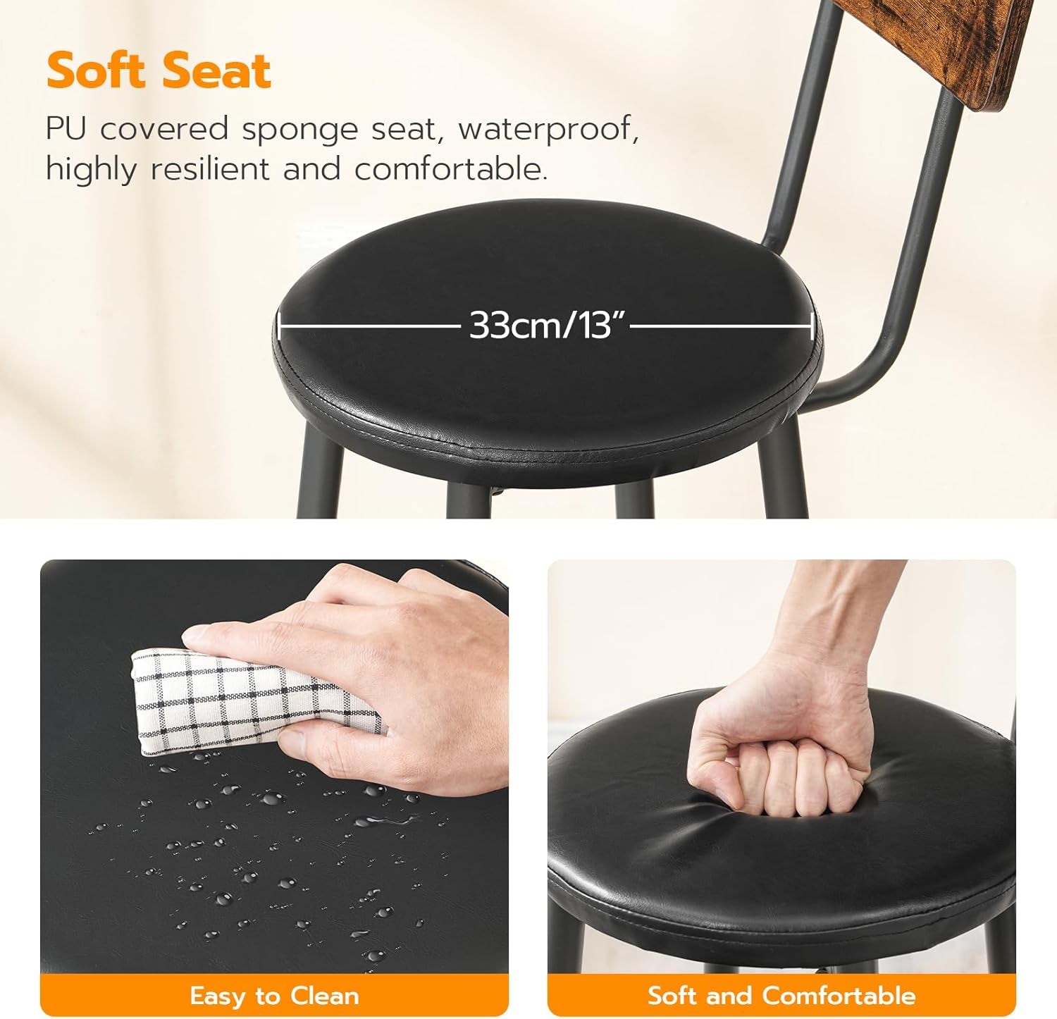 Bar Stools, Bar Stools Set of 2 with PU Upholstered, Bar Chairs with