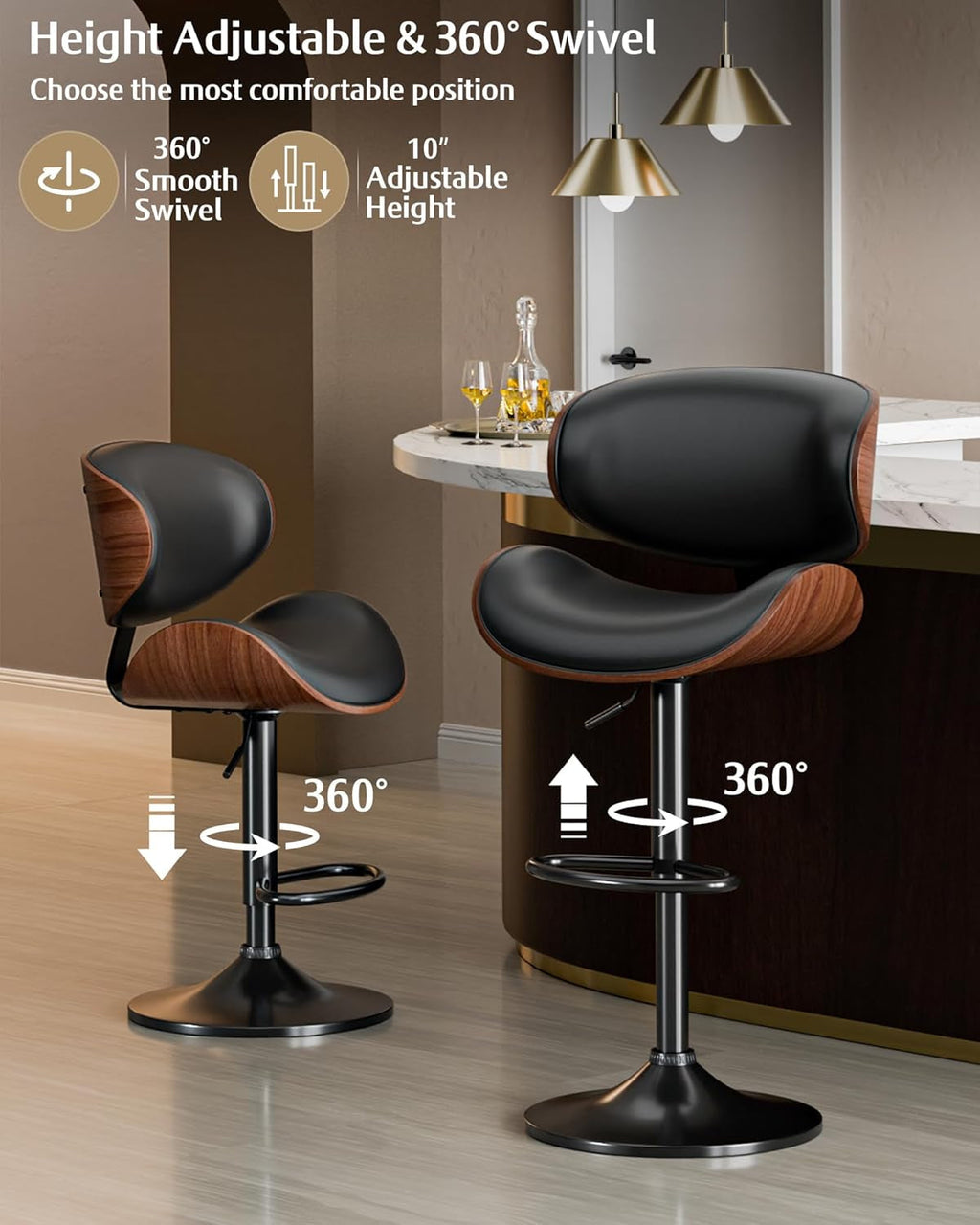 Bar Stools Set of 2, Adjustable Swivel Leather Bar Stools for Kitchen