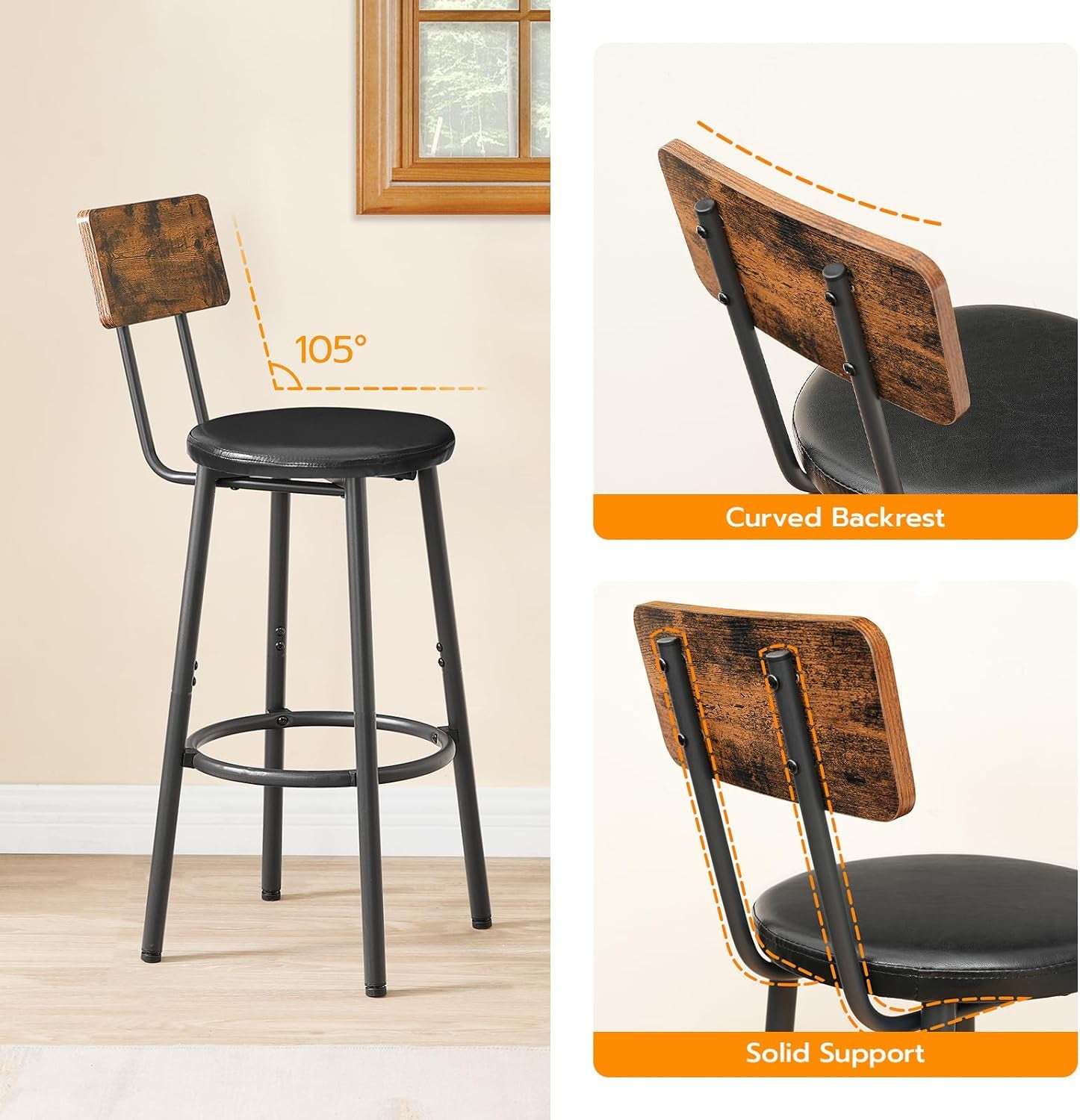 Bar Stools, Bar Stools Set of 2 with PU Upholstered, Bar Chairs with