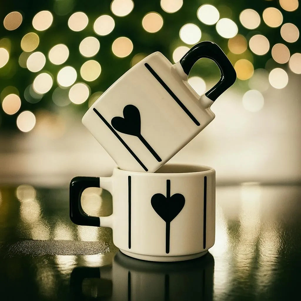 Black Heart Ceramic Mugs Set for Valentine’s Day Modern Romantic Gift