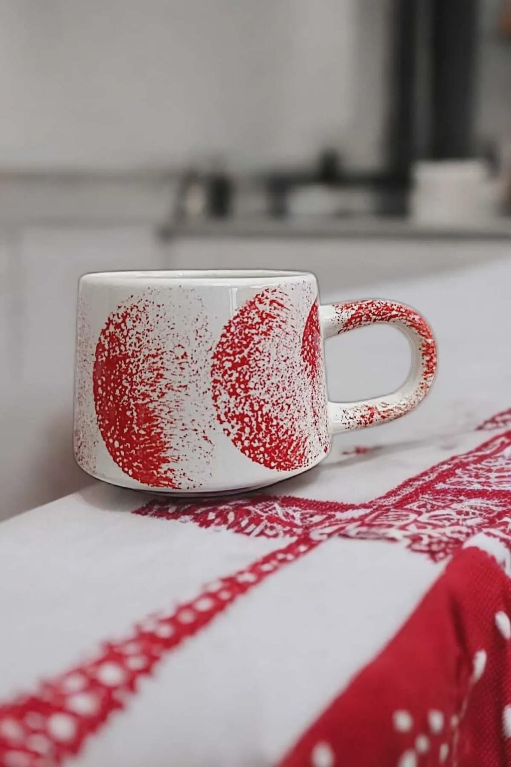 Handmade Ceramic Lips Mug with Red Kiss Print in Pop Art Style