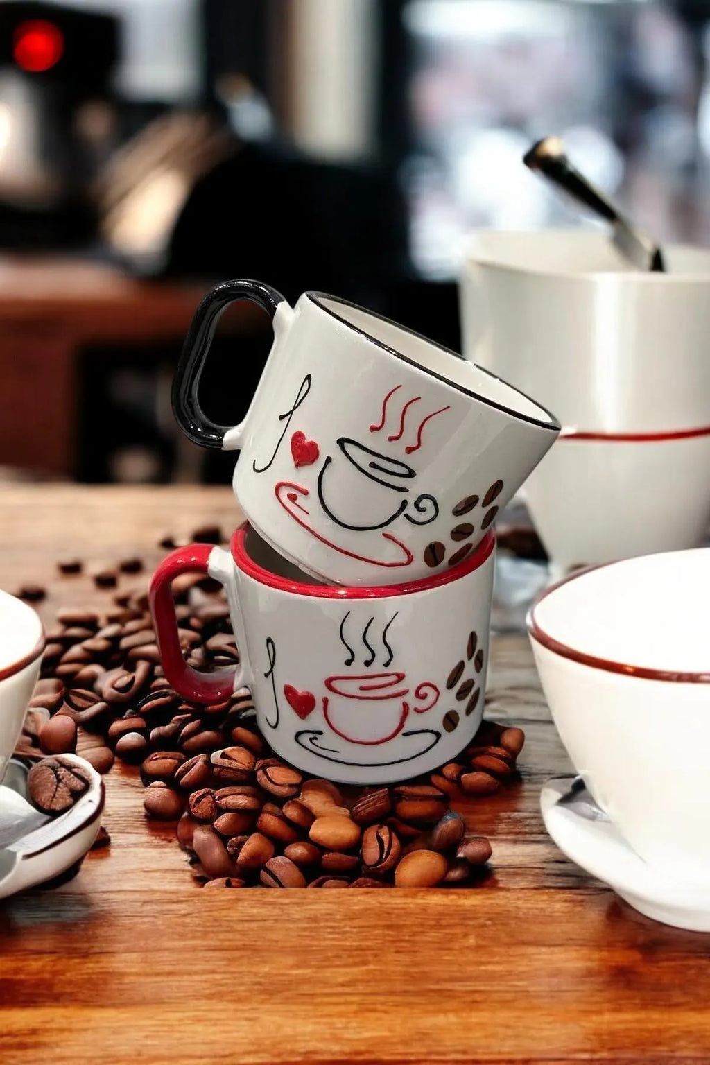 Set of 2 Handmade Ceramic Mugs with Coffee-Themed Hand-Painted Designs