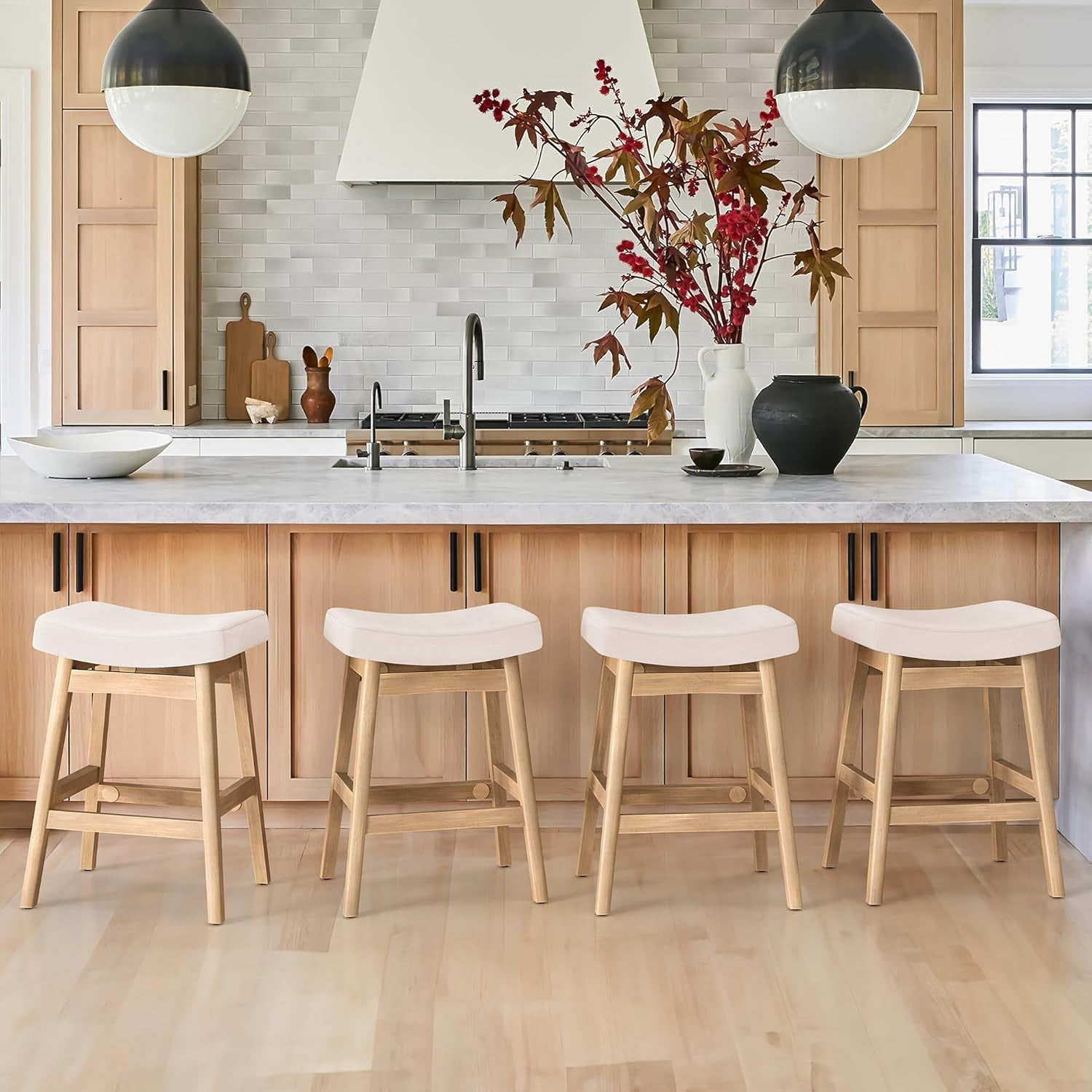 Bar Stools Set of 3, Barstools with Sturdy Wood Legs, Saddle Seat