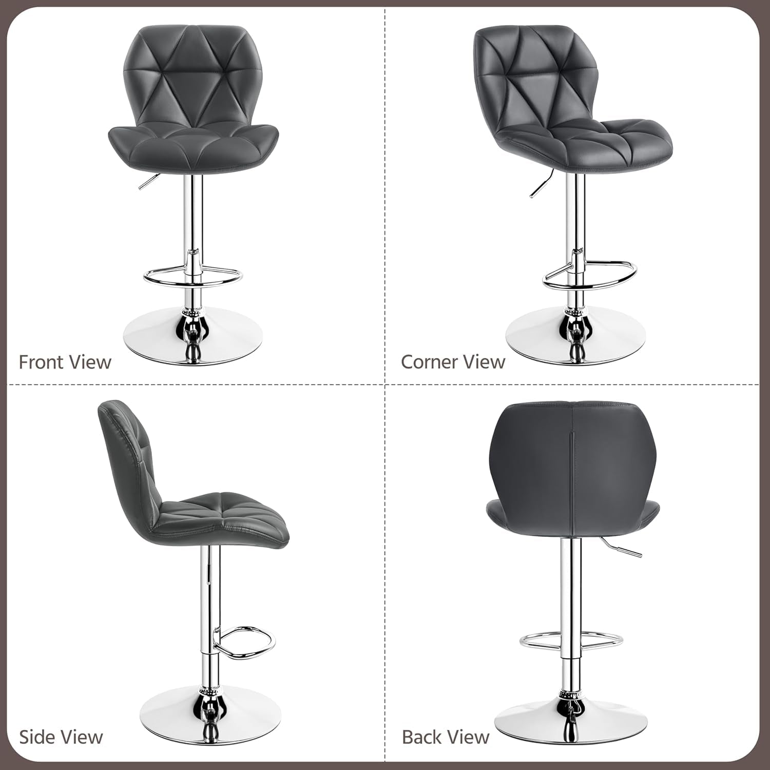 Grey Bar Stools Set of 2, PU Leather Bar Chairs with Backrest, Height