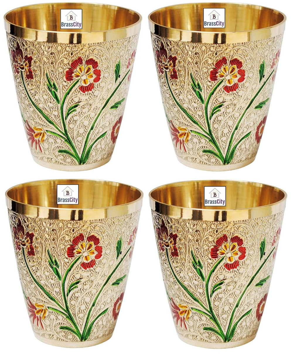 BrassCity Flower Design Brass Glasses Set of 4-Golden