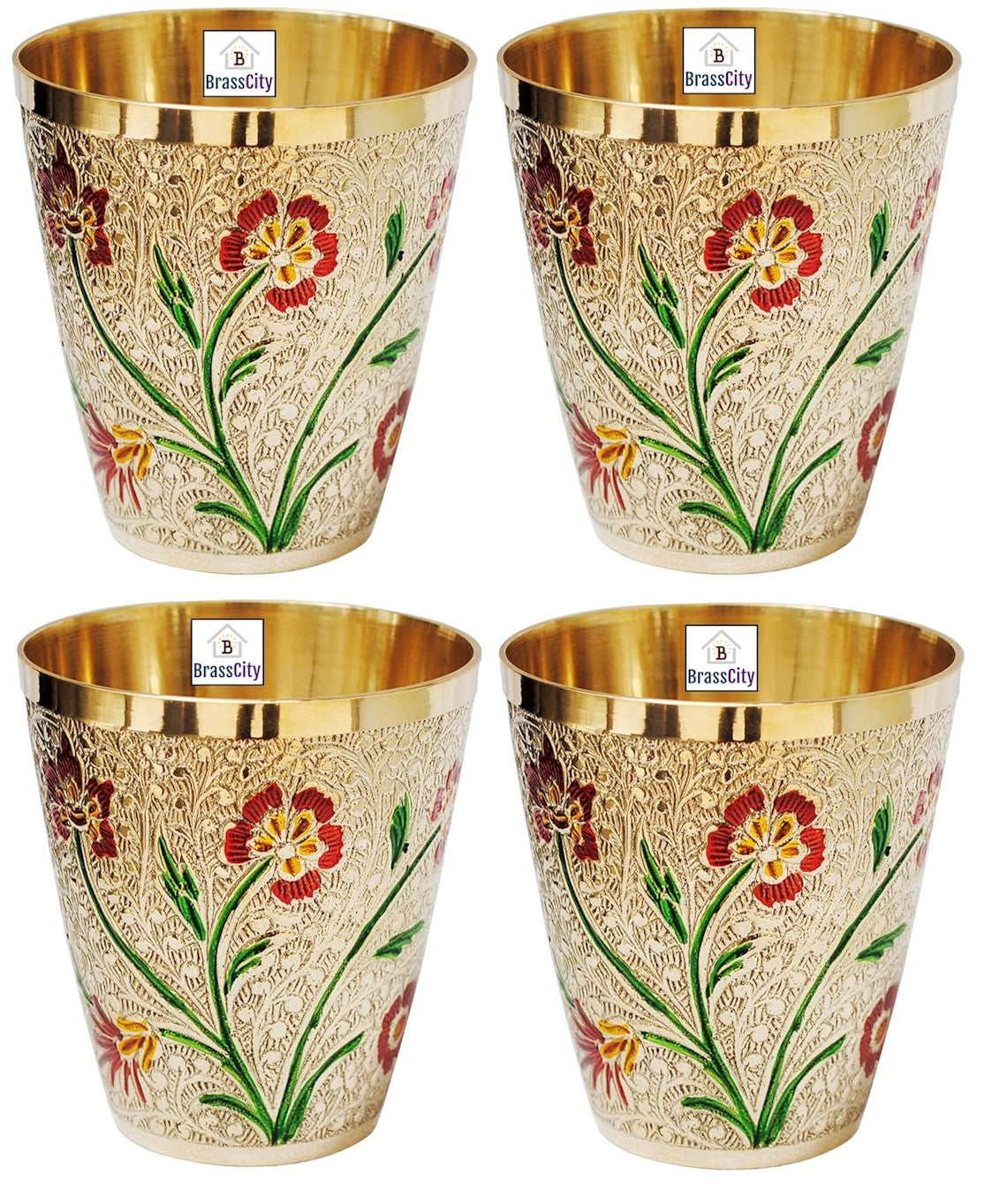 BrassCity Flower Design Brass Glasses Set of 4-Golden