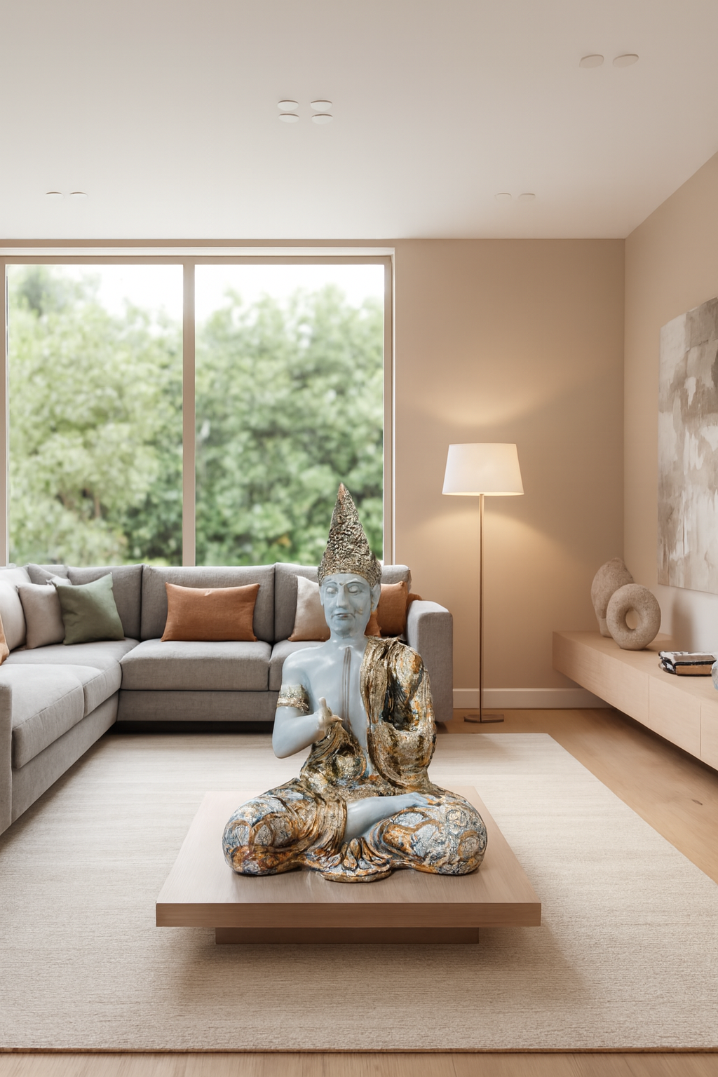 Blue-Gold Buddha Statue with Headdress – Meditative Figurine for