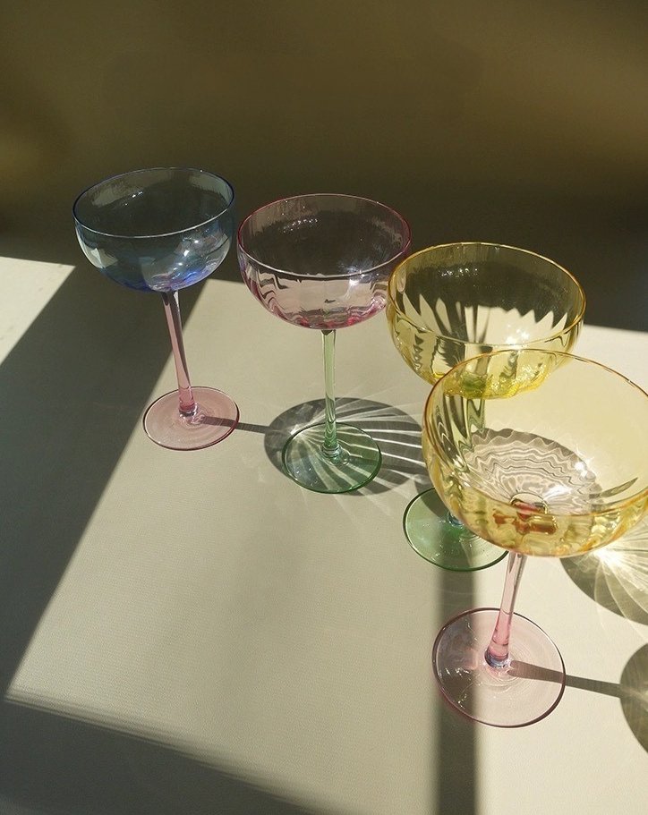 Hand Blown Retro Pastel Coloured Cocktail Glasses Coupe Set of 4 (