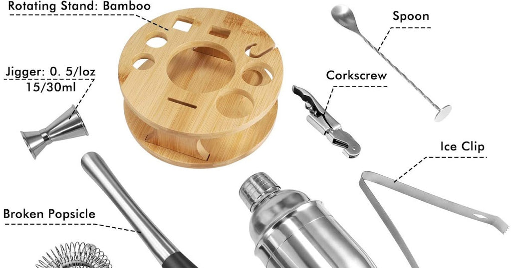 VIKUS Cocktail Shaker Set Bartender Kit with Rotating Bamboo and
